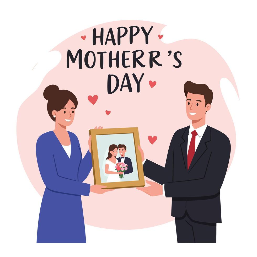 Couple exchanging a framed photo in flat design for Mothers Day art vector