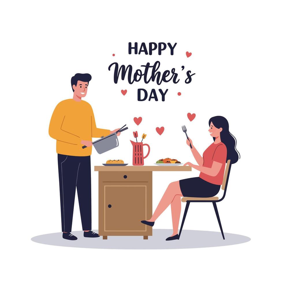 Couple celebrating Mothers Day with food in flat art illustration vector