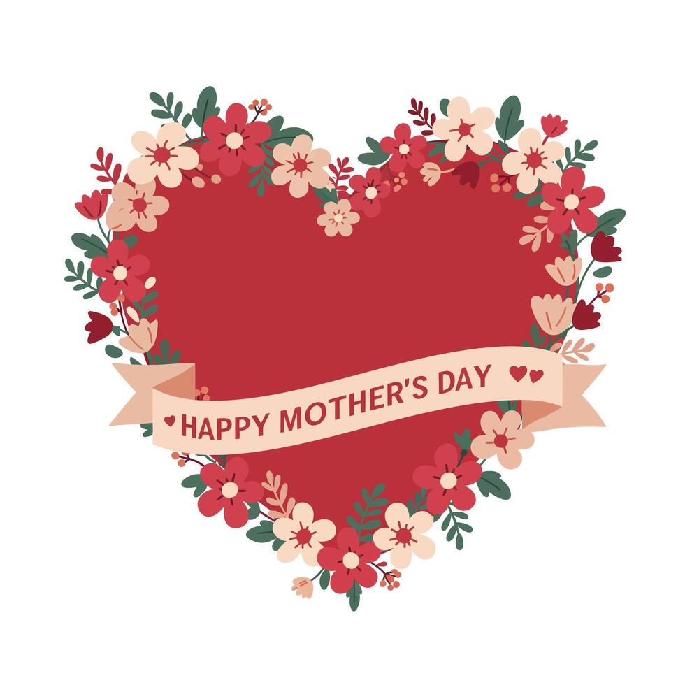 Heart-shaped floral design with vibrant flowers and ribbon in flat art vector