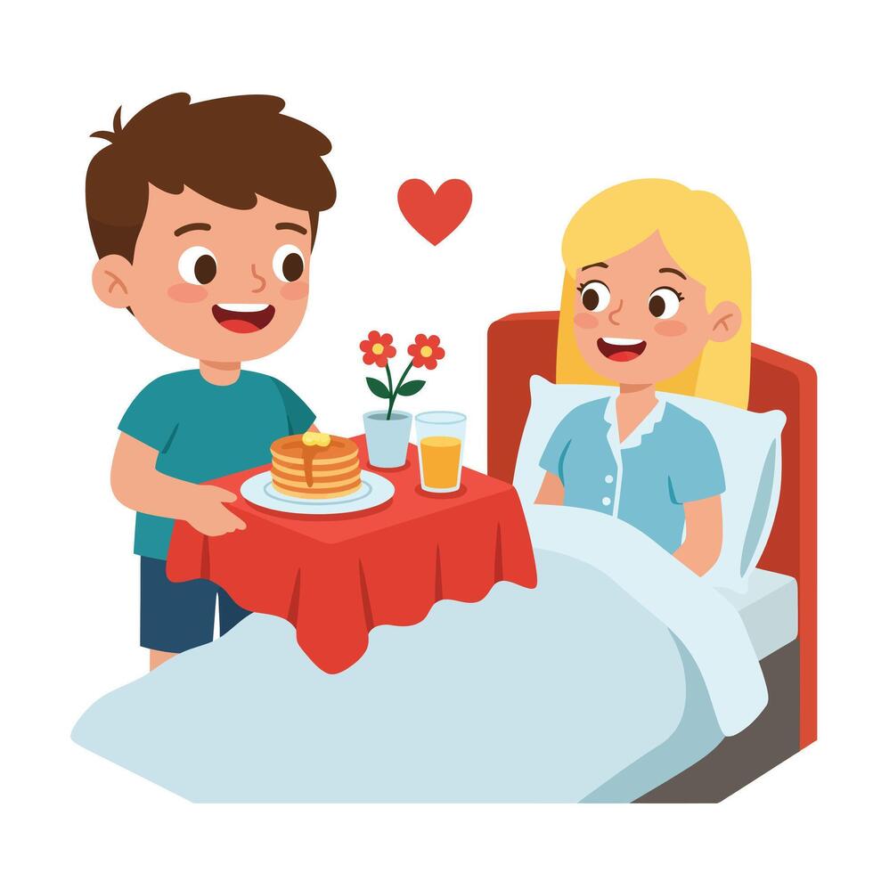 Child bringing breakfast in bed to smiling girl with heart symbol flat art vector