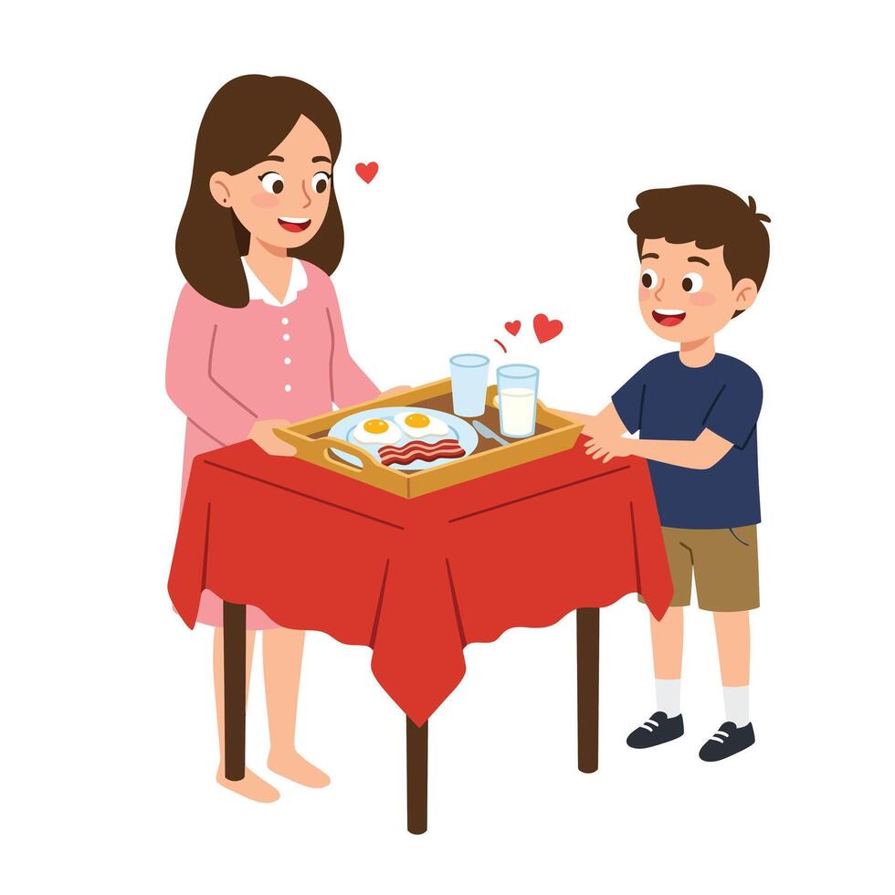 Mother and son sharing breakfast with joy in flat art vector