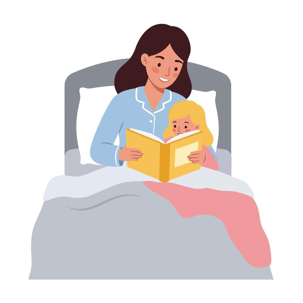 Mother reading bedtime story to child in comfortable bedroom setting