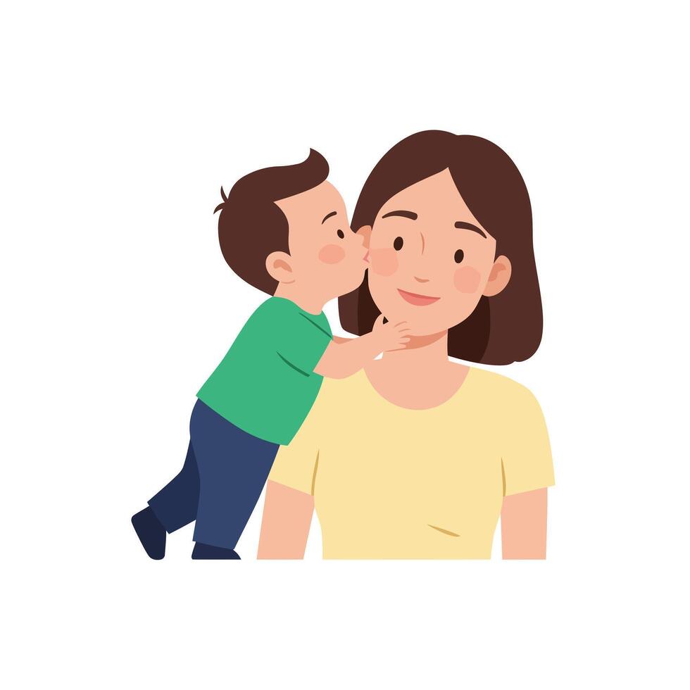 Child giving a kiss to mother in flat style art vector