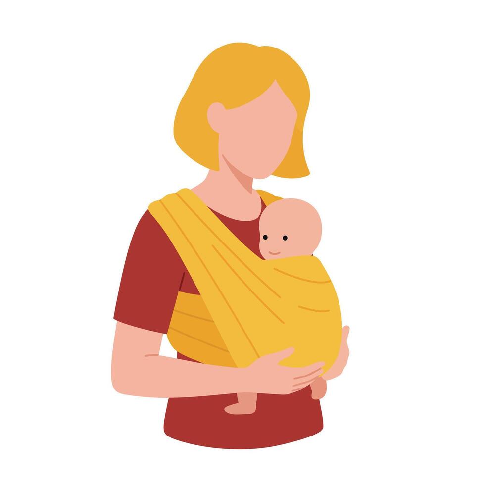 Mother holding baby in yellow wrap minimal illustration vector