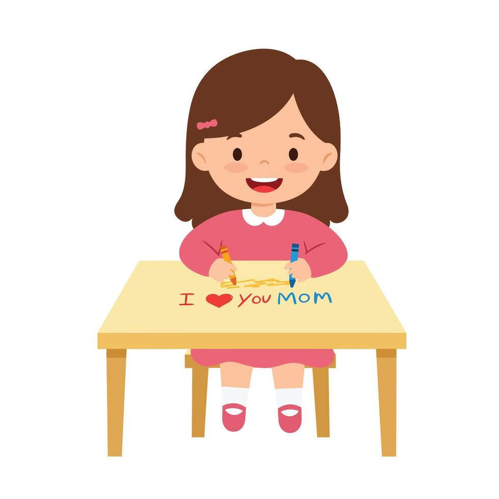 Child drawing heartfelt message with crayons in flat illustration vector