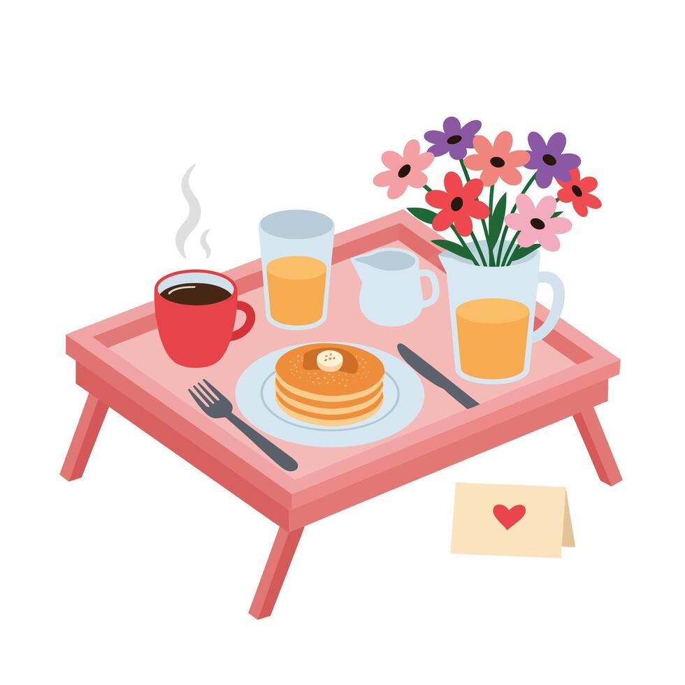 Breakfast tray featuring pancakes, coffee, juice, and flowers in flat art vector
