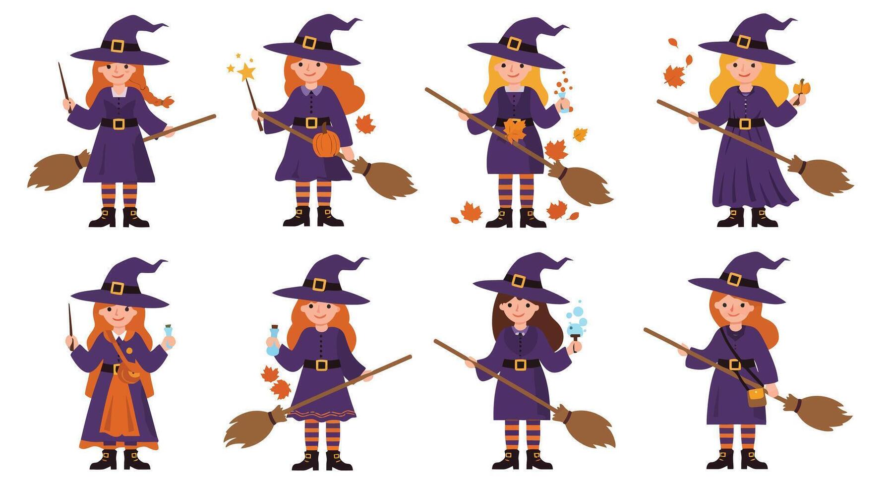 Witch character transformation sequence in detailed flat art vector