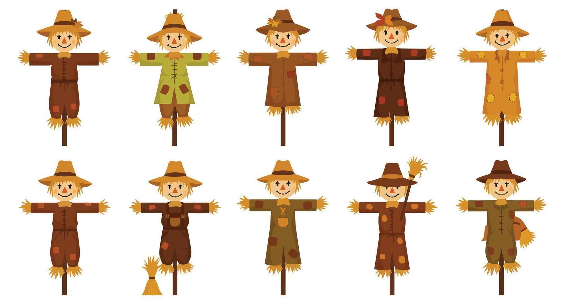 Scarecrow character designs in flat style showcasing seasonal outfits in art vector