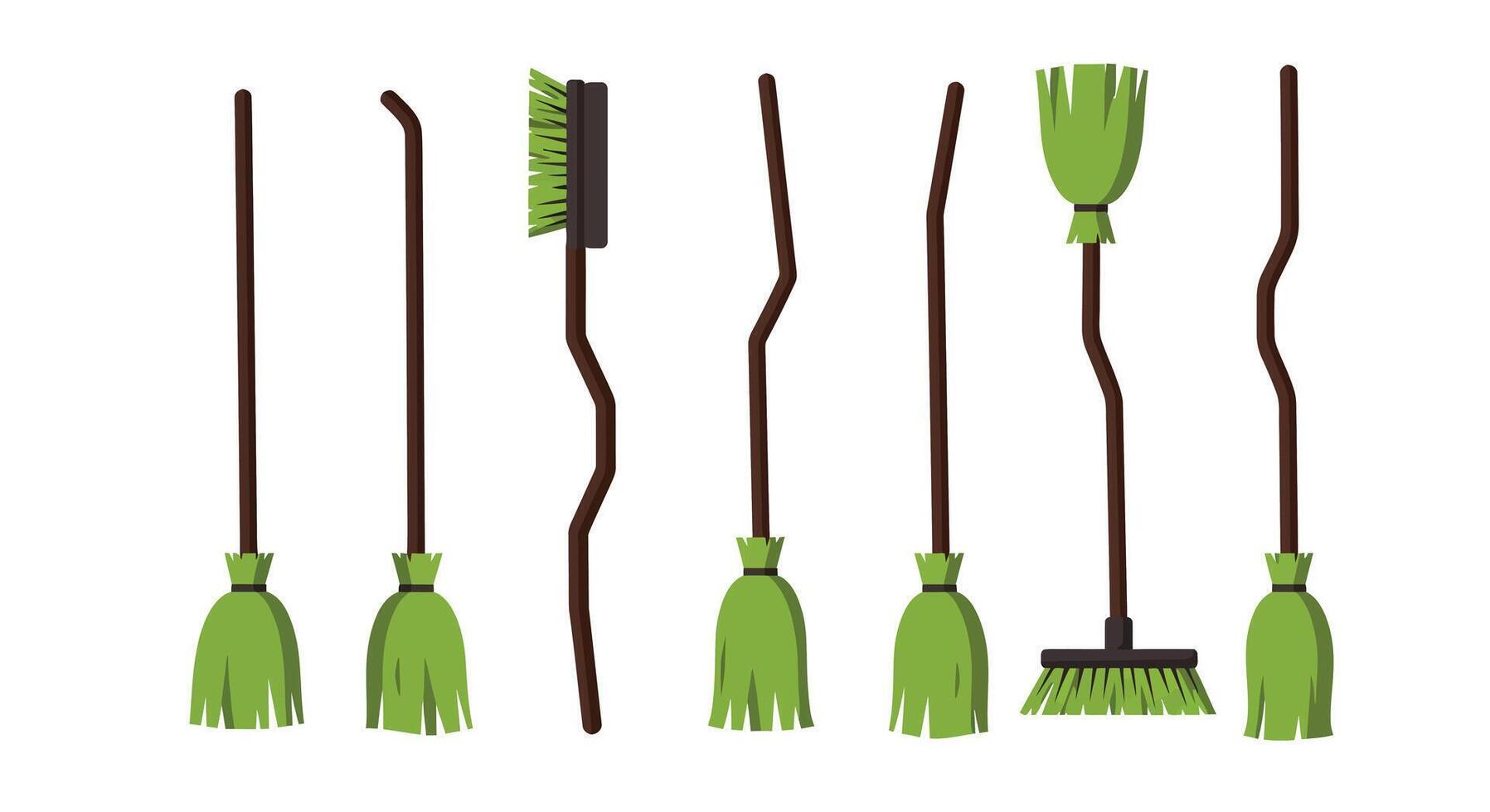 Various broom designs featuring green bristles in flat illustration style vector