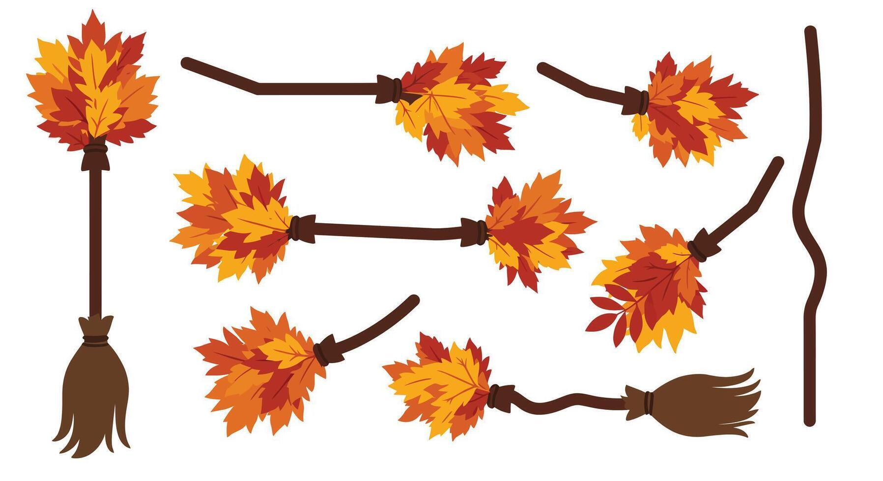 Colorful autumn leaves transformed into whimsical brooms in flat illustration vector