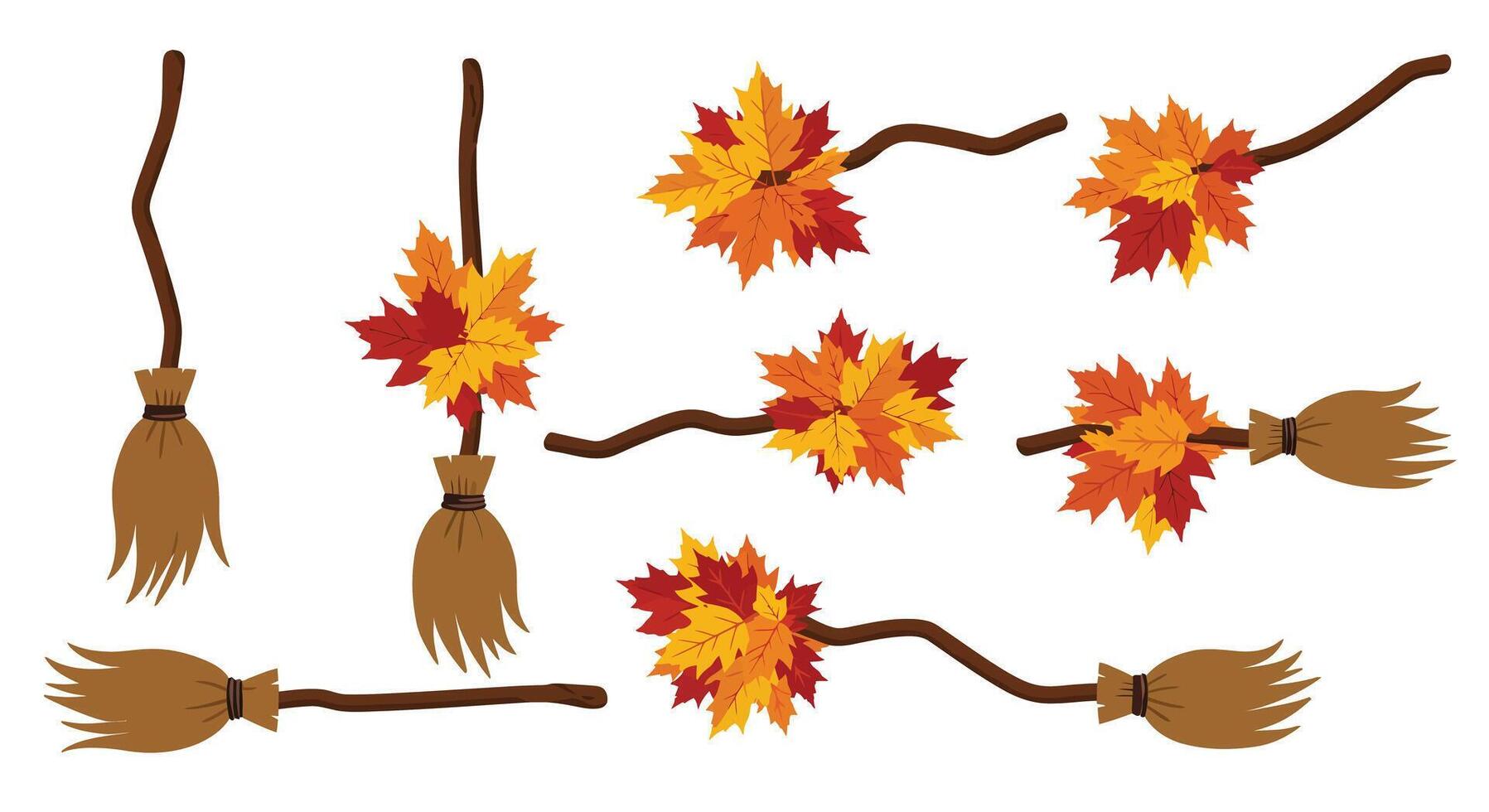 Colorful autumn leaves and brooms in flat illustration style art vector
