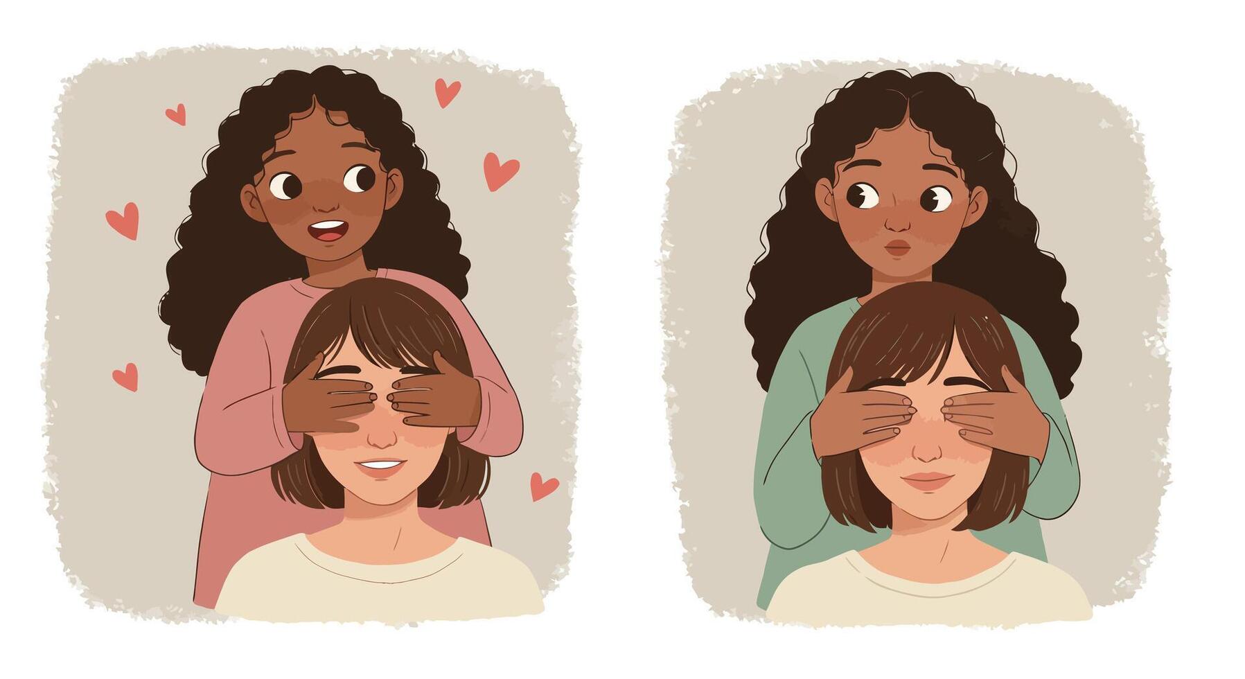 Two friends sharing a playful moment in minimal art illustration style vector