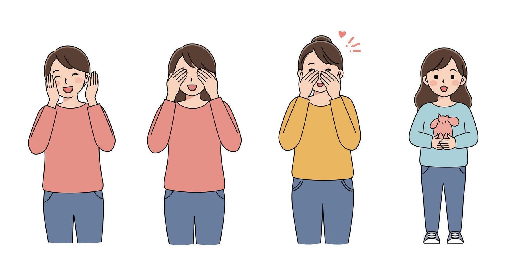Girl expressing emotions through different gestures in flat illustration vector