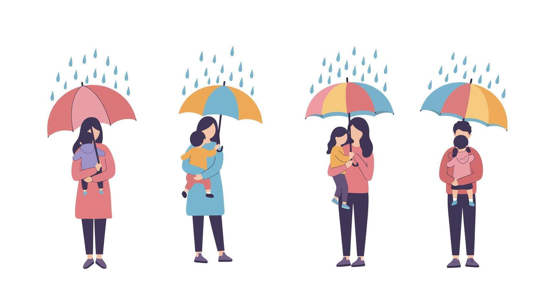 Women holding colorful umbrellas in rain detailed illustration vector