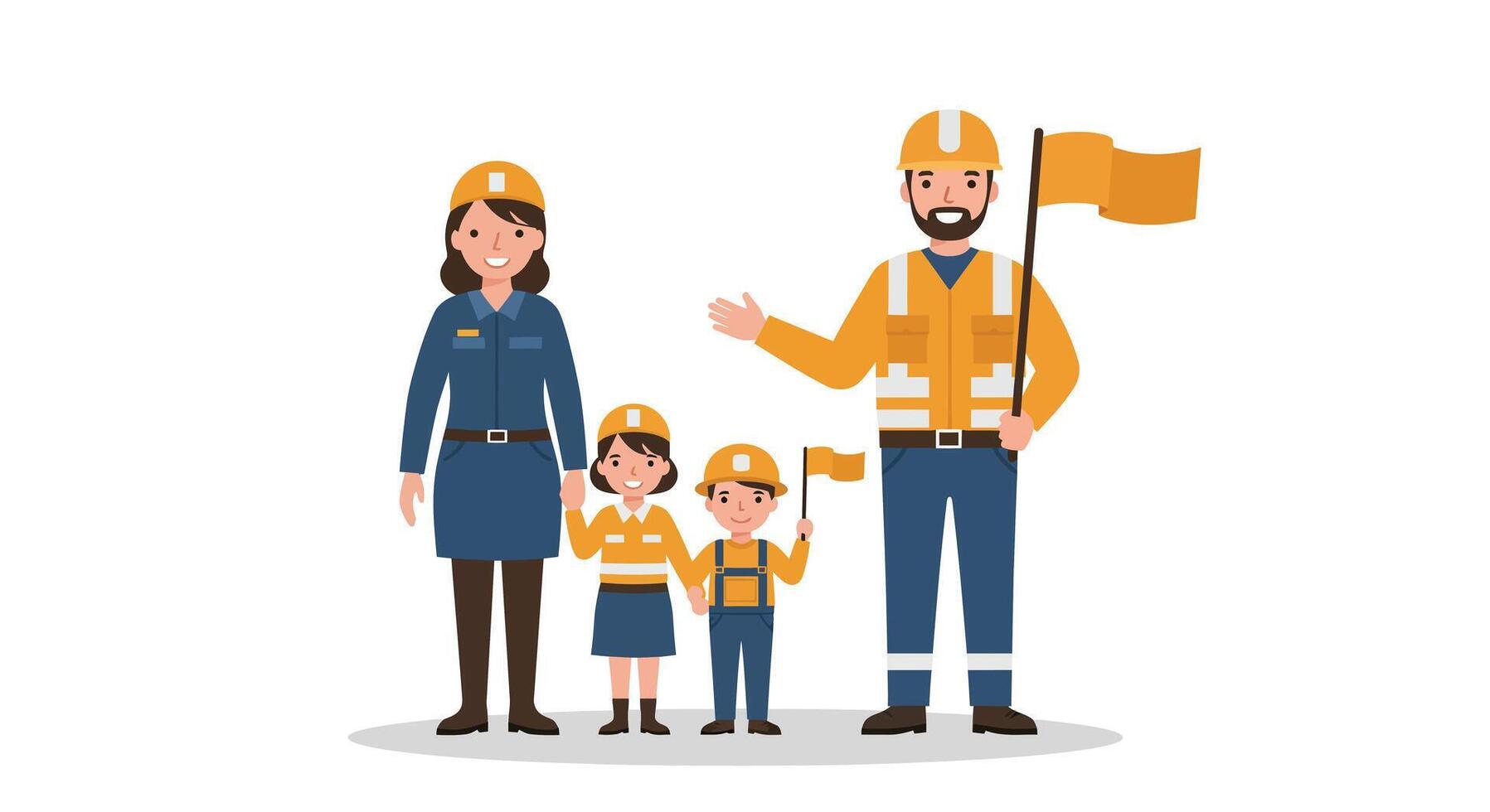 Family in construction outfits showing teamwork and safety in flat art vector