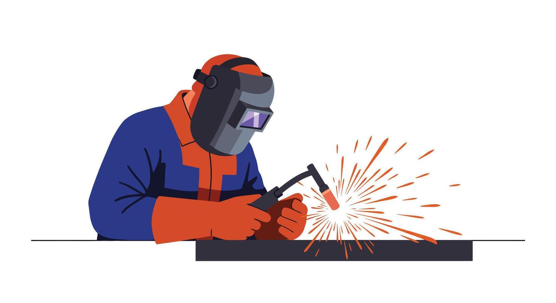 Welder in Action Creating Sparks with Modern Equipment in Flat Art vector