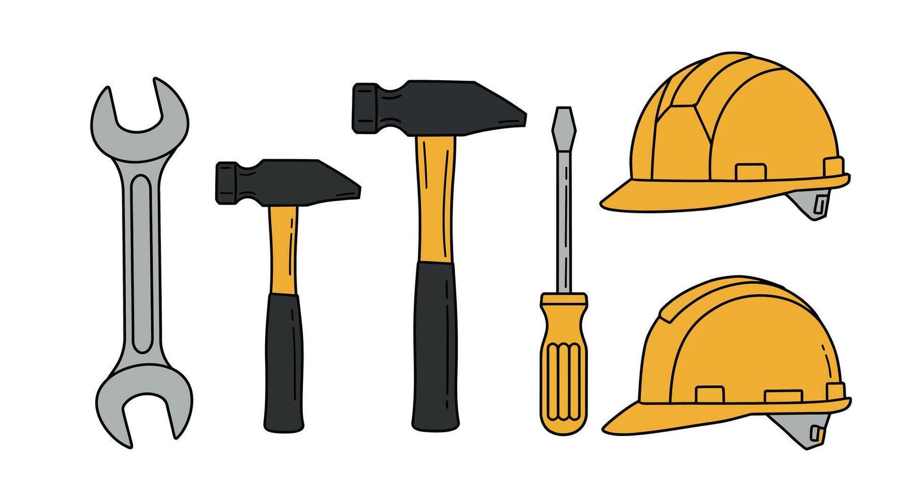 Construction tools including hammers, wrenches, and helmets in flat art vector