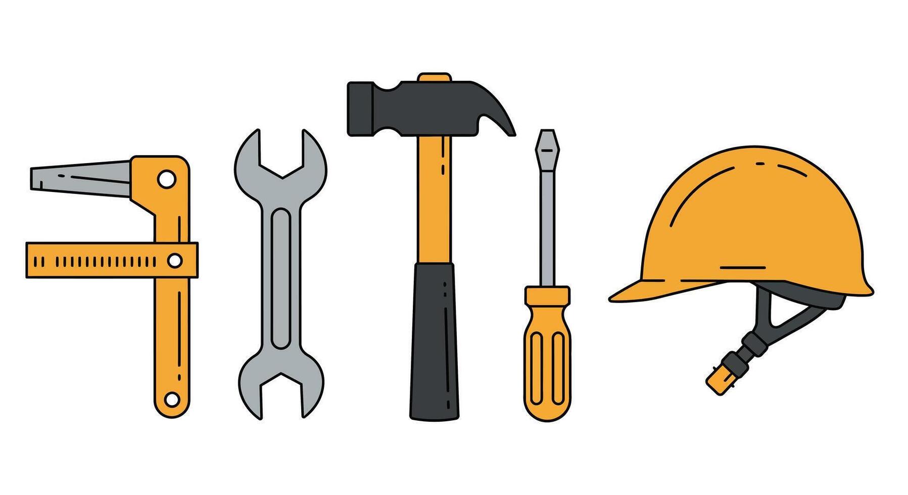 Tools including a wrench hammer screwdriver and hard hat in flat art vector