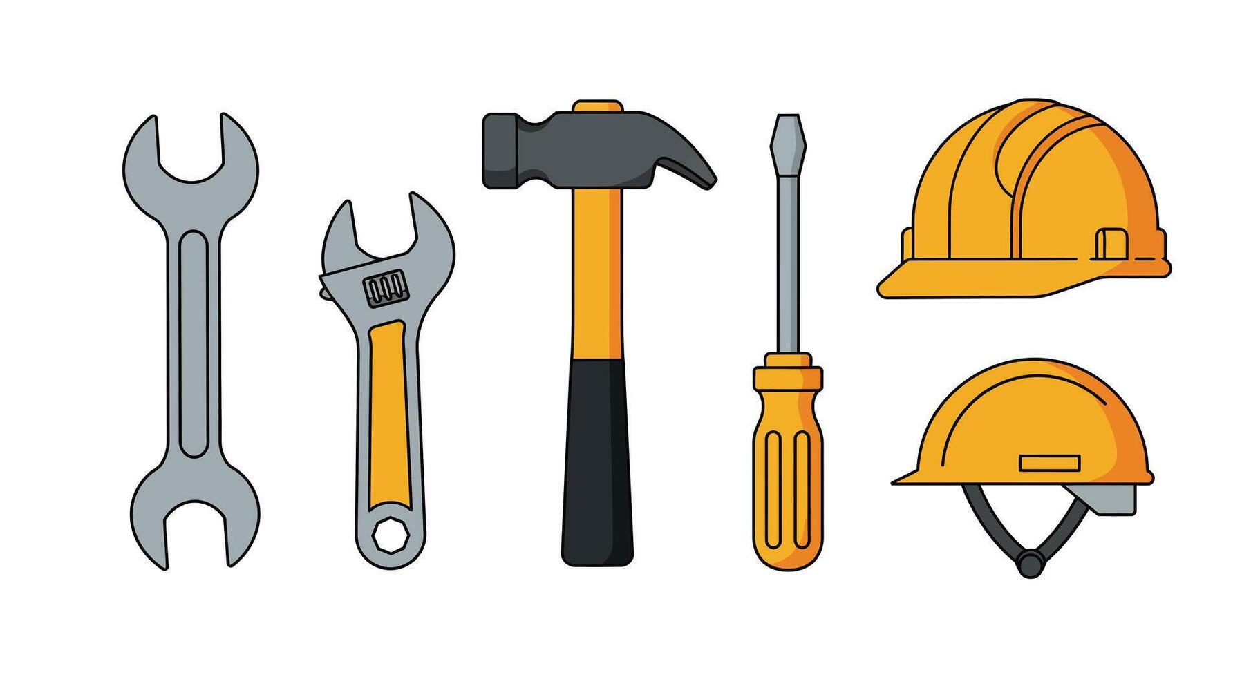 Tools including wrench, hammer, screwdriver, and helmet in flat illustration vector