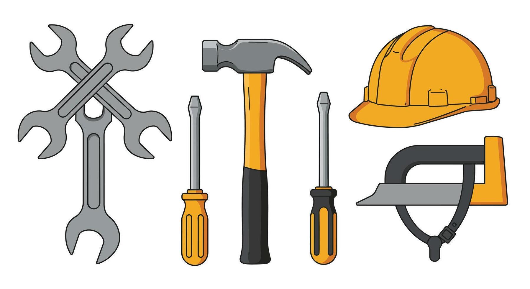 Tools for construction including hammer, wrenches, helmet, and screwdrivers in flat art vector