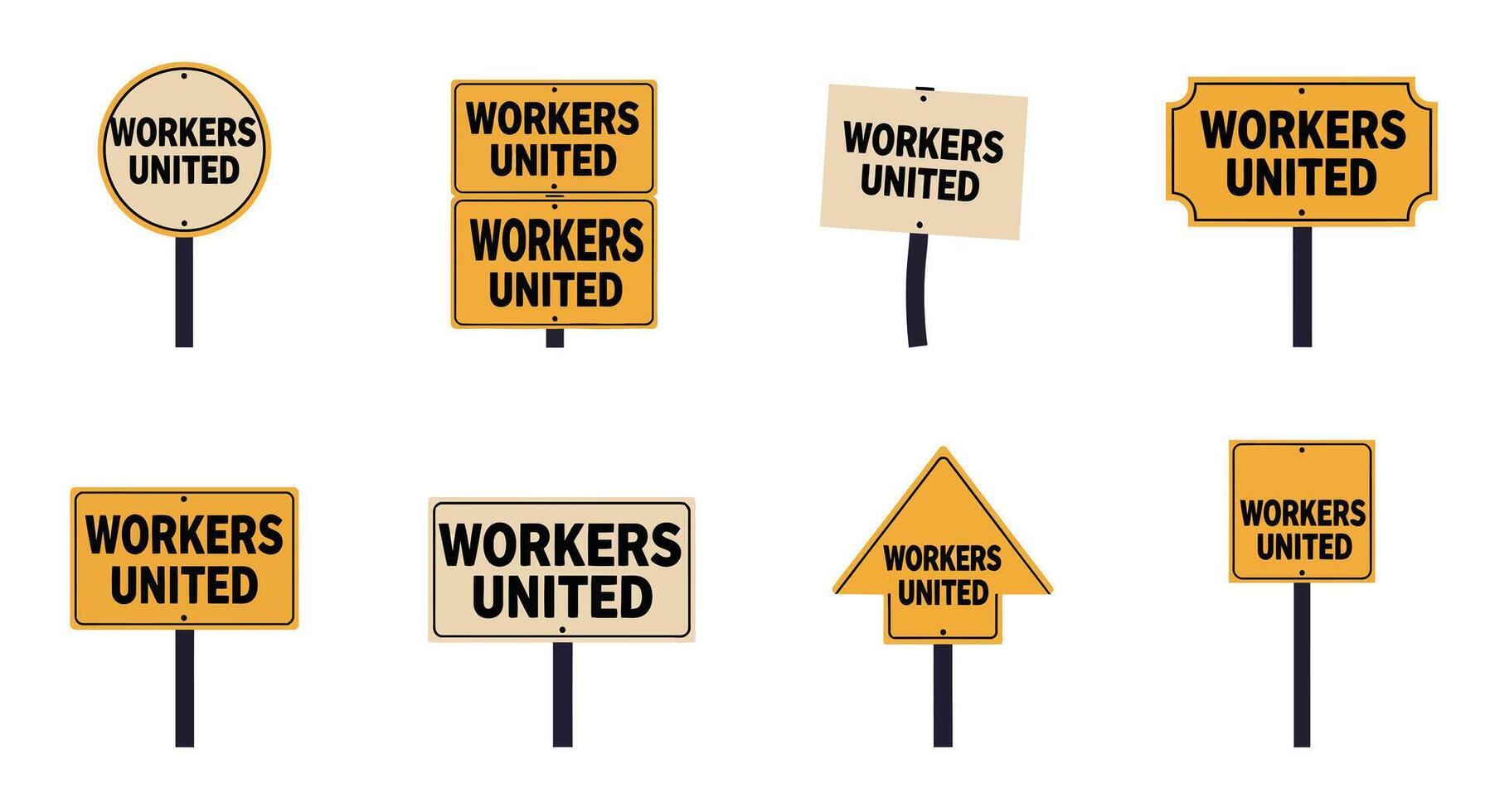 Signs displaying Workers United message in flat art style with various shapes and colors vector
