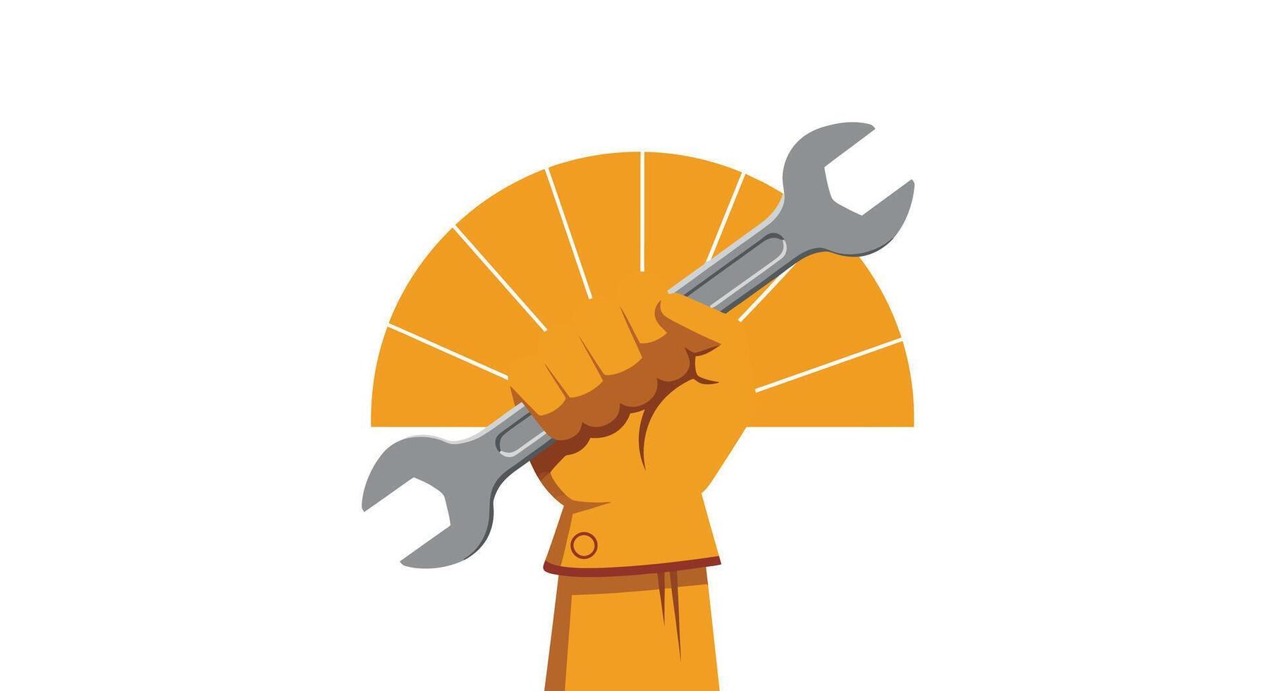 Hand holding wrenches in a bold pose with flat design elements for art vector