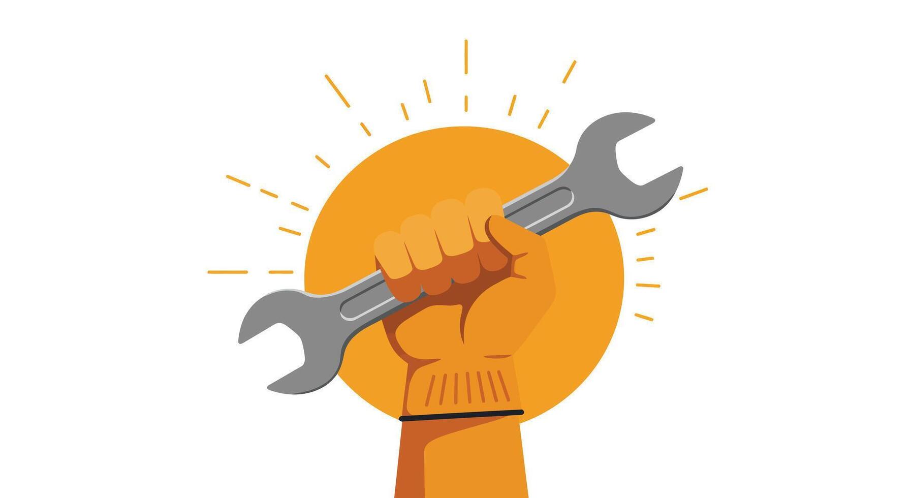 Hand holding a wrench in a vibrant sunburst design, flat art vector