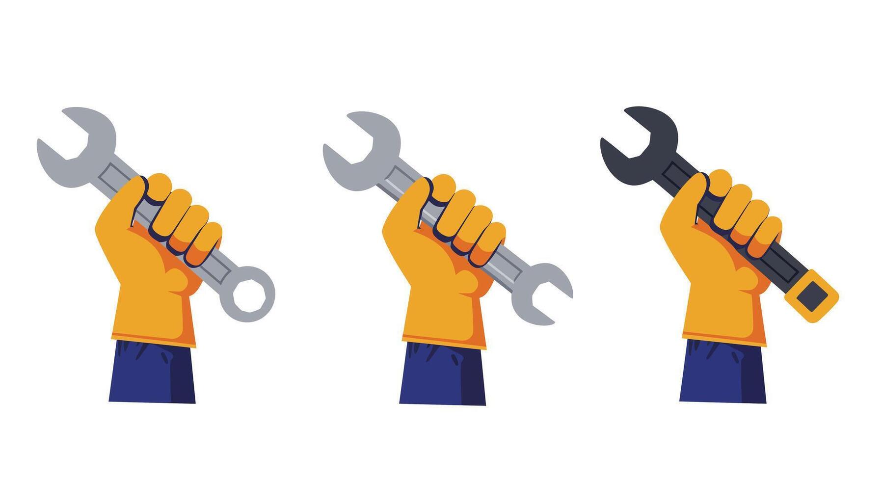 Hand holding different wrenches in flat style illustration vector