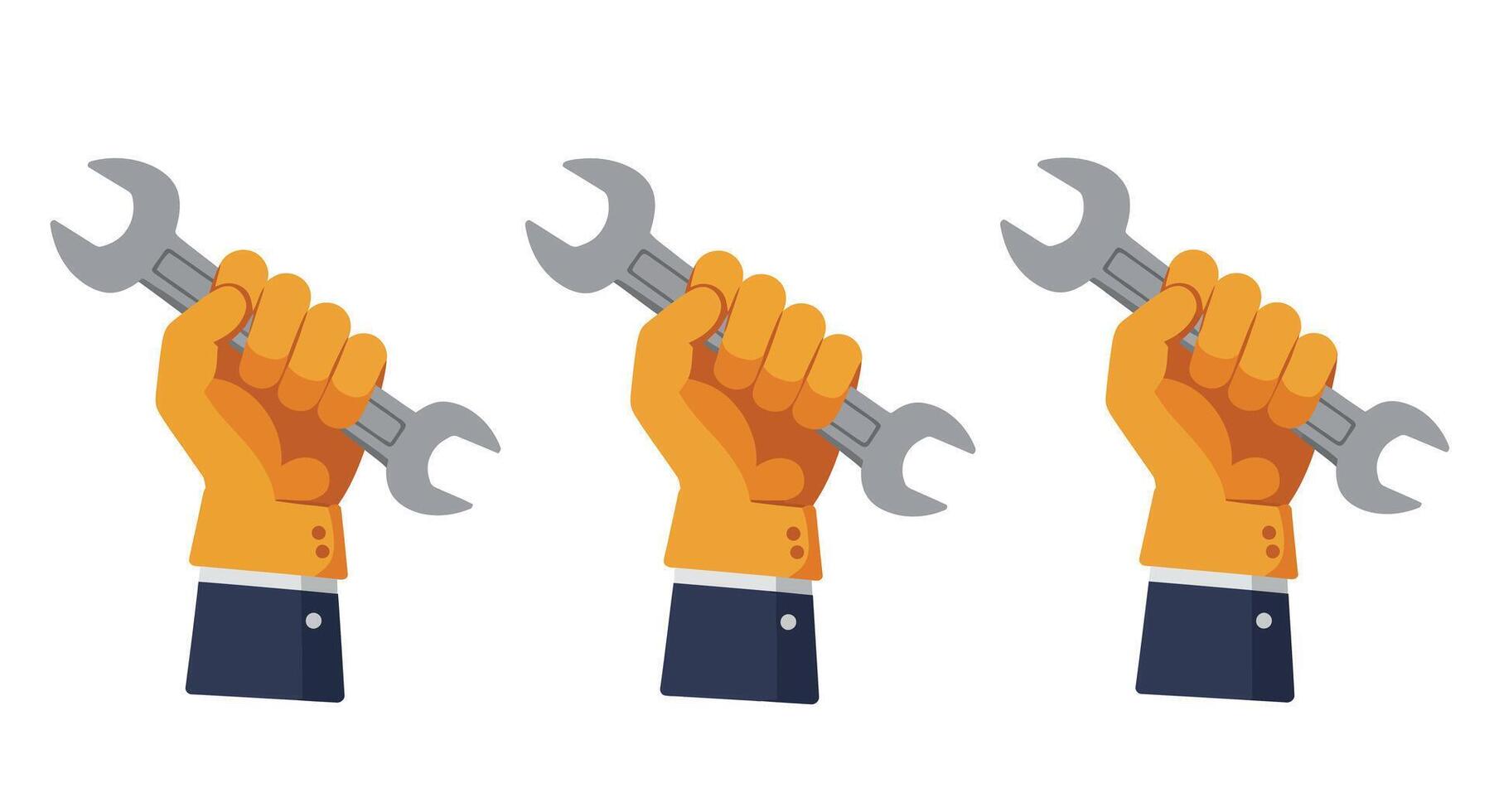 Hand holding wrench in three stages with flat design style illustration vector