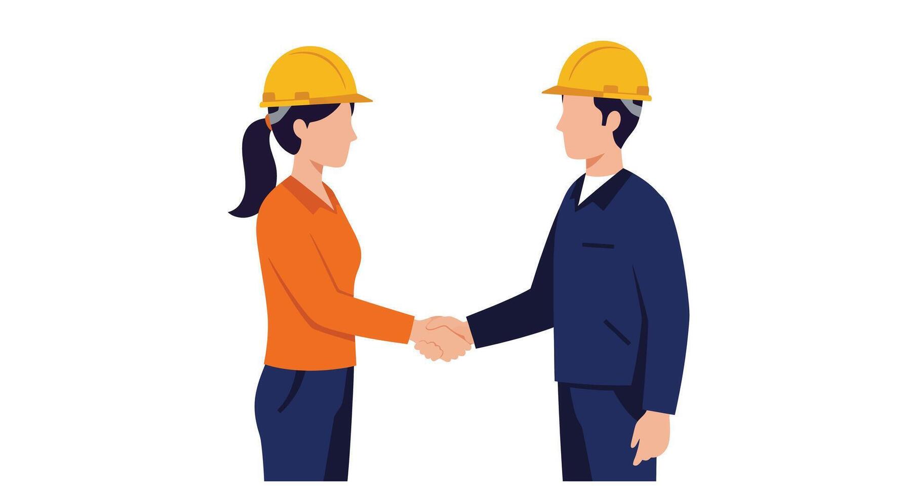 Construction professionals shaking hands in flat art style with hard hats and work clothes illustration vector