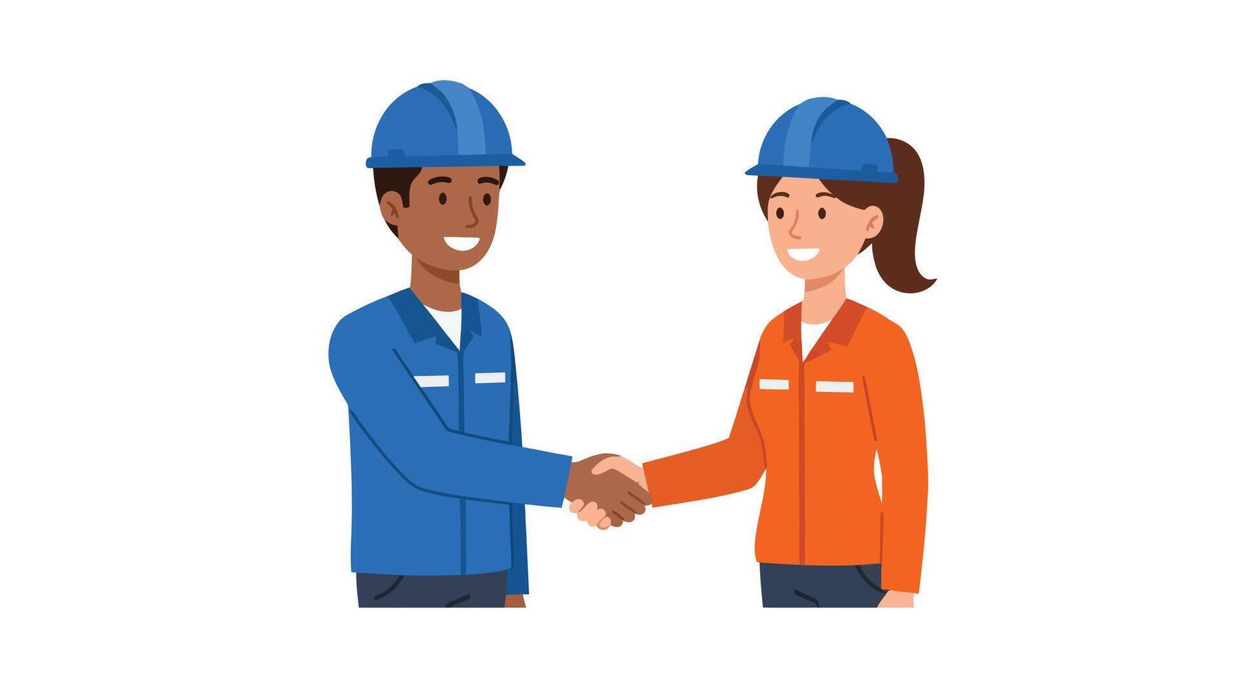 Two construction workers shaking hands in flat style art vector