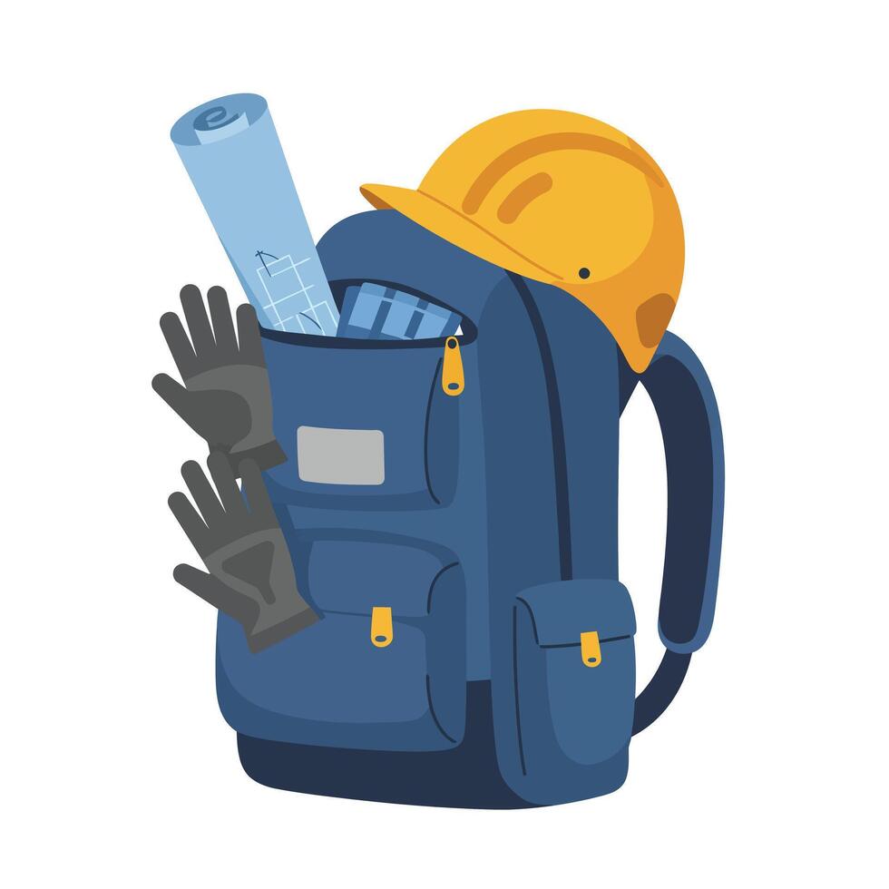 Blue backpack with construction tools and plans in flat art vector
