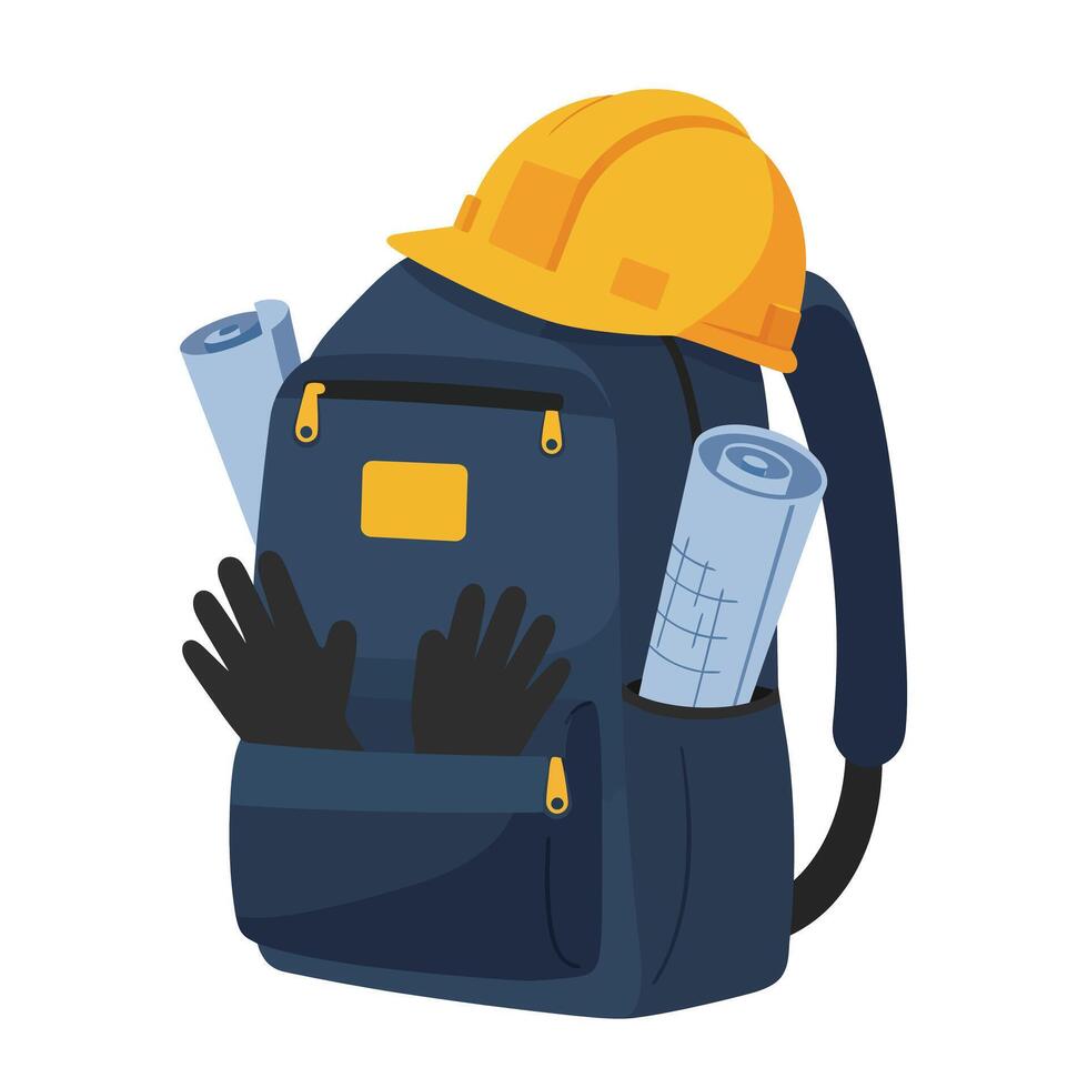 Construction backpack with safety helmet and tools in flat art vector
