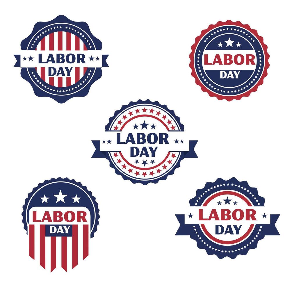 Labor Day badge designs featuring red, white, and blue colors in a flat illustration vector