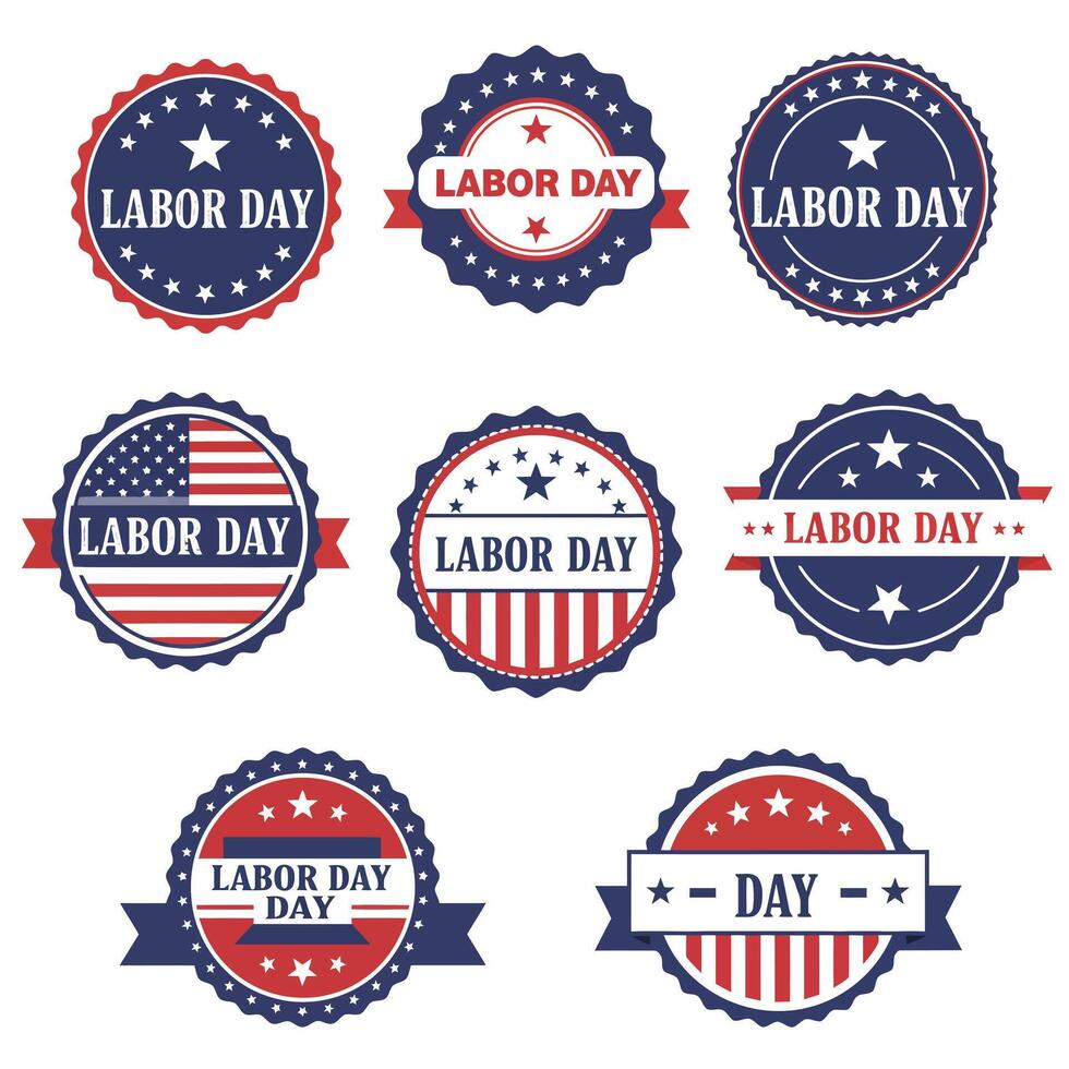 Labor Day themed badges in flat design style featuring stars and stripes art vector