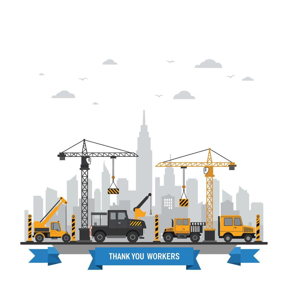 Construction vehicles and cranes in flat design thanking workers art vector