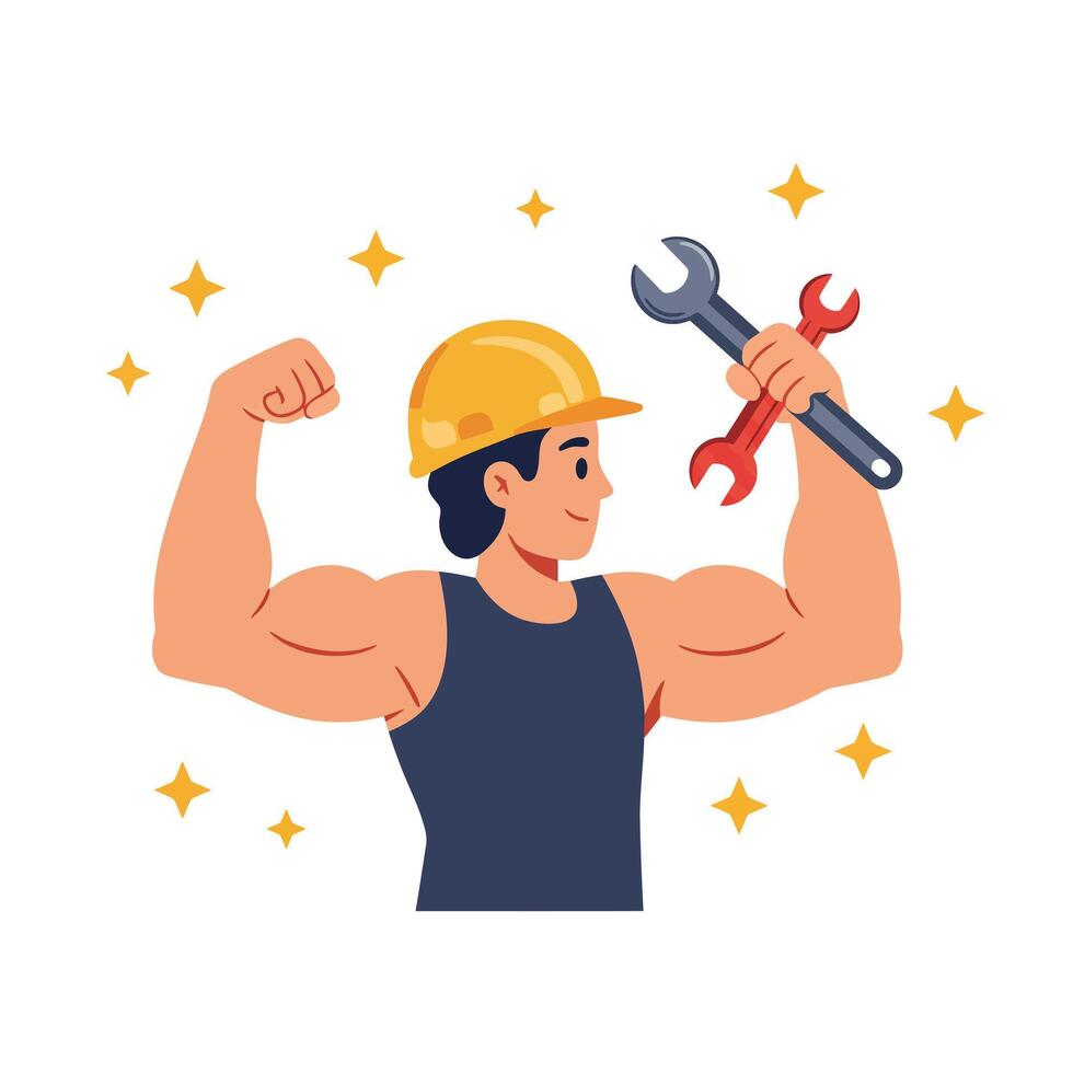 Strong construction worker flexing muscles with tools in flat art vector