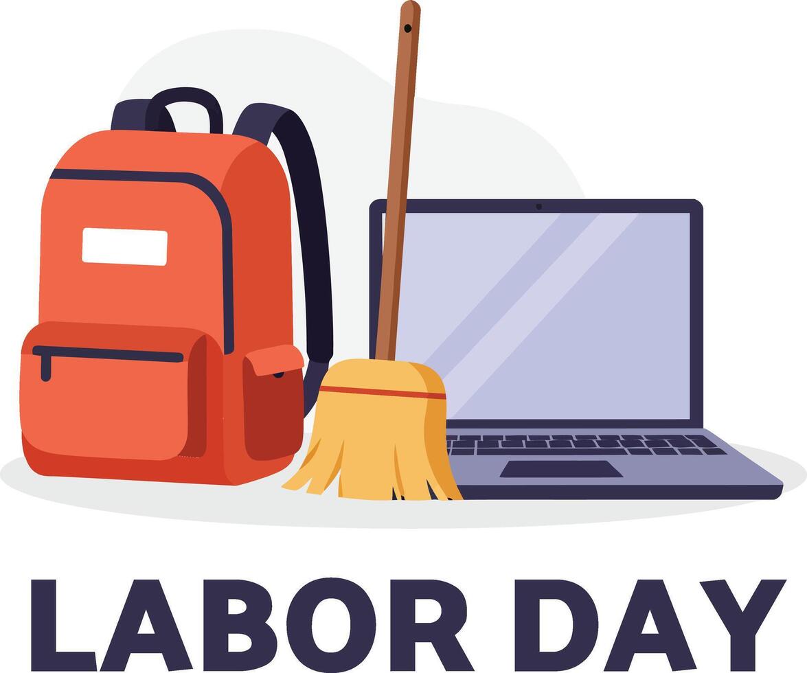 Labor Day themed illustration featuring a backpack, broom, and laptop in flat art vector