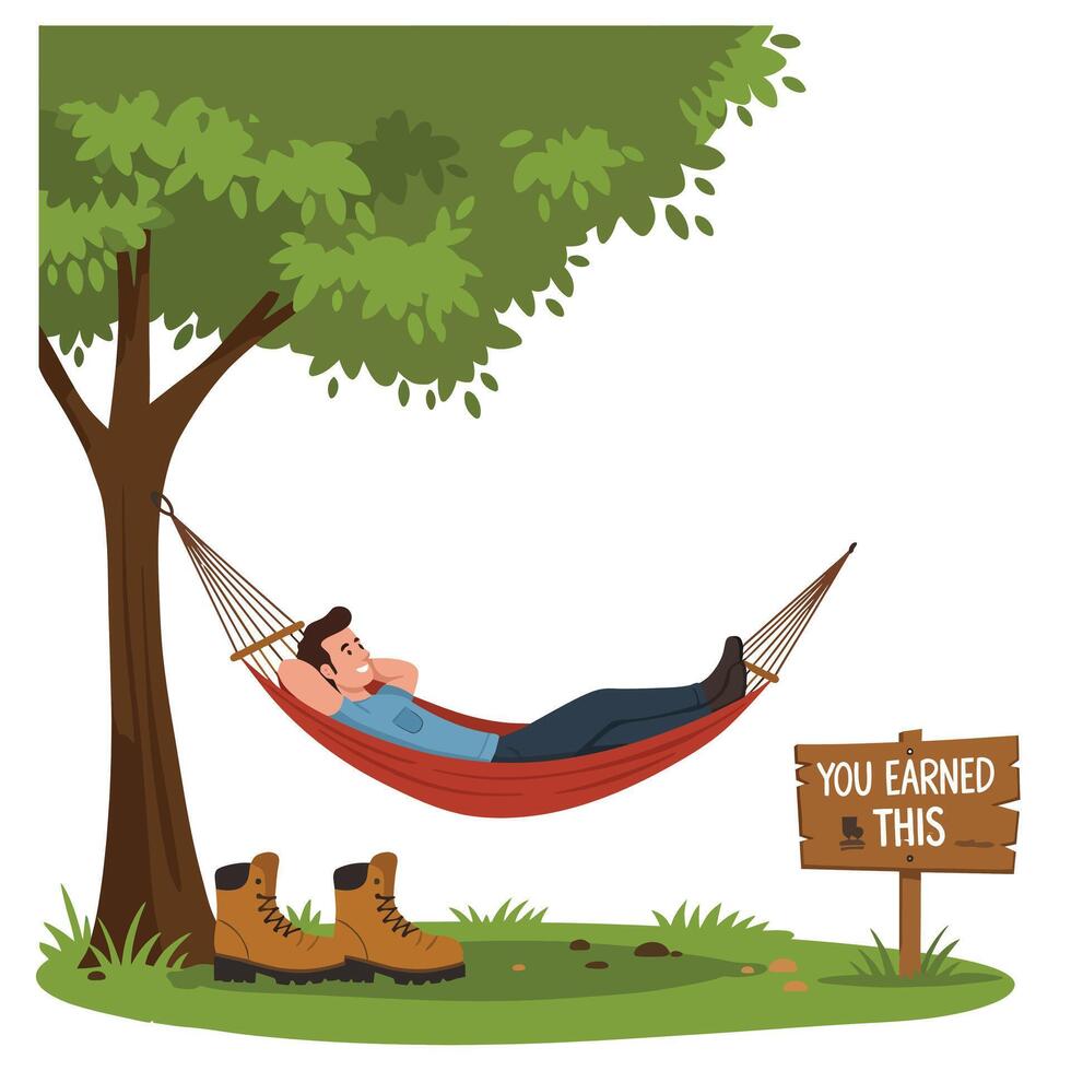 Man relaxing in a hammock under a tree with boots and a sign in flat art vector
