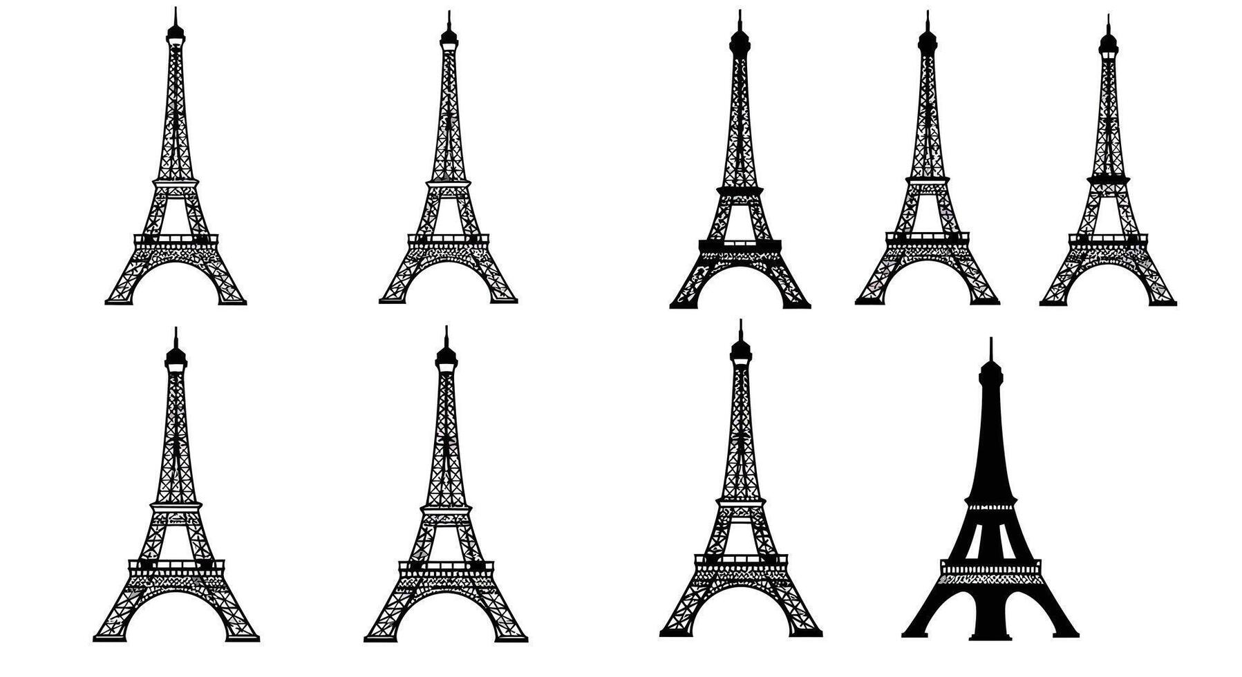 Eiffel Tower illustration in detailed flat style showcasing multiple variations art vector