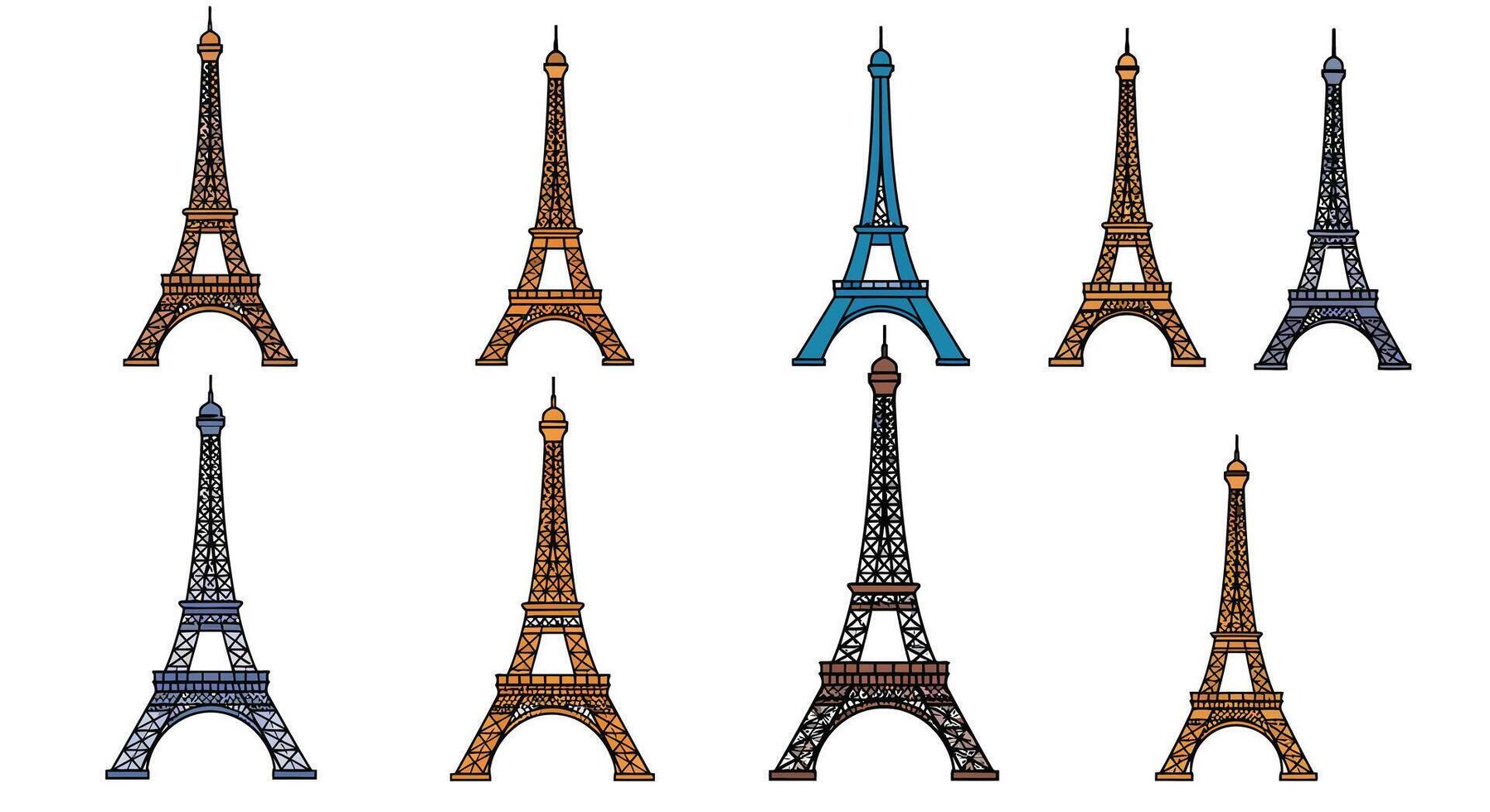 Eiffel Tower variations in different colors and designs in flat art vector