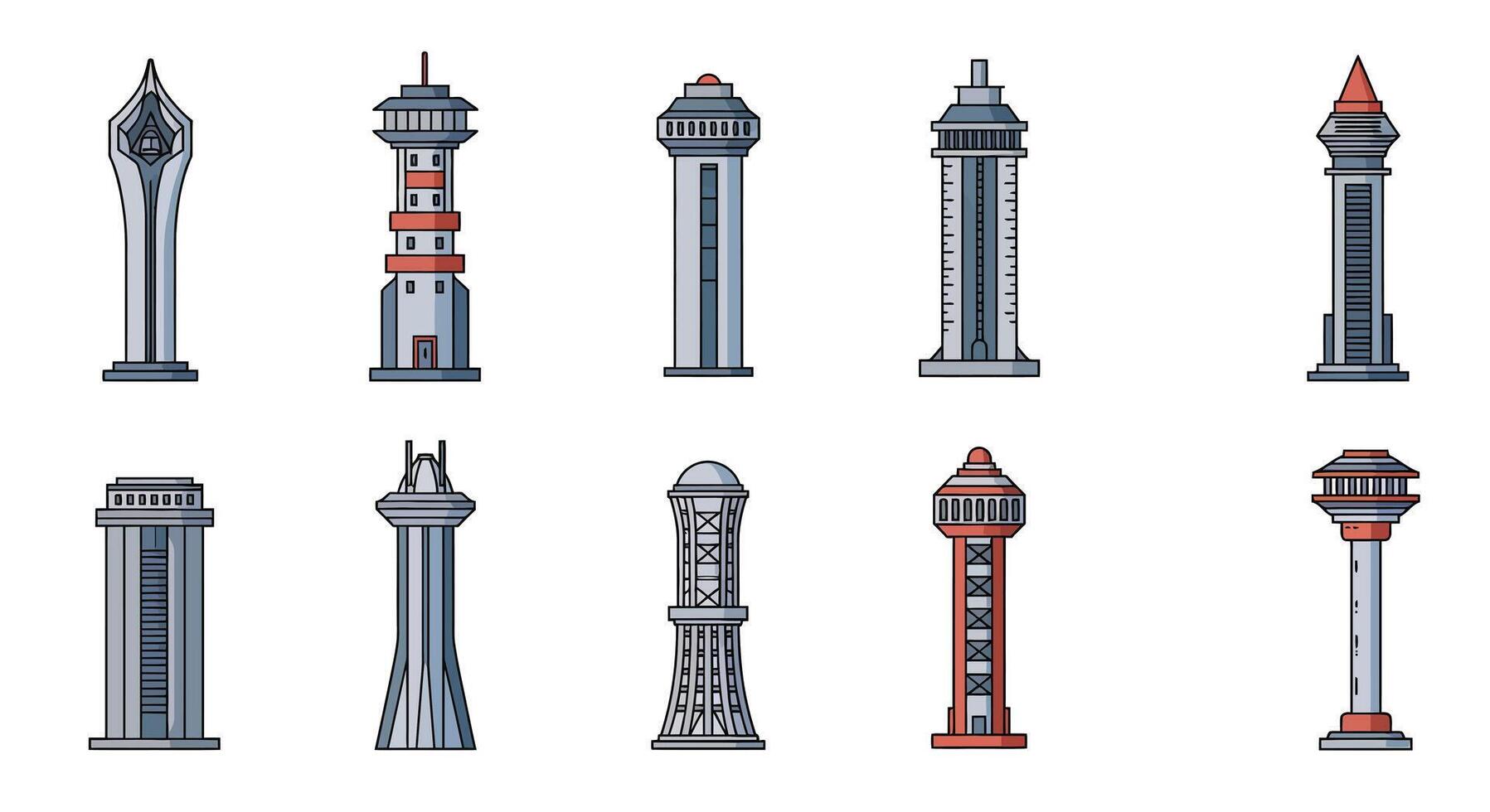 Multiple tower designs in flat style showcasing unique shapes and colors in art vector