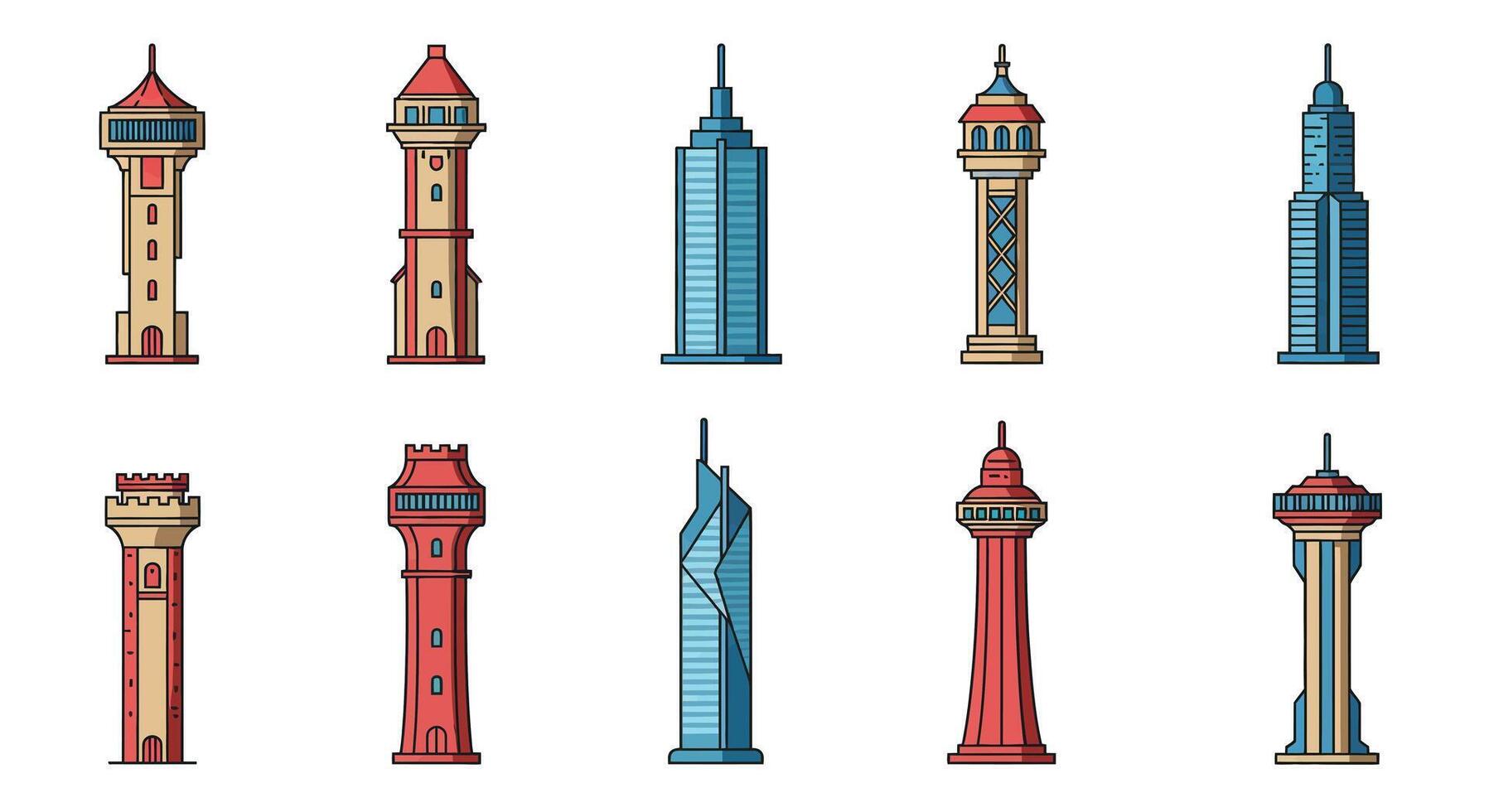 Tower designs featuring diverse styles in flat and colorful art vector