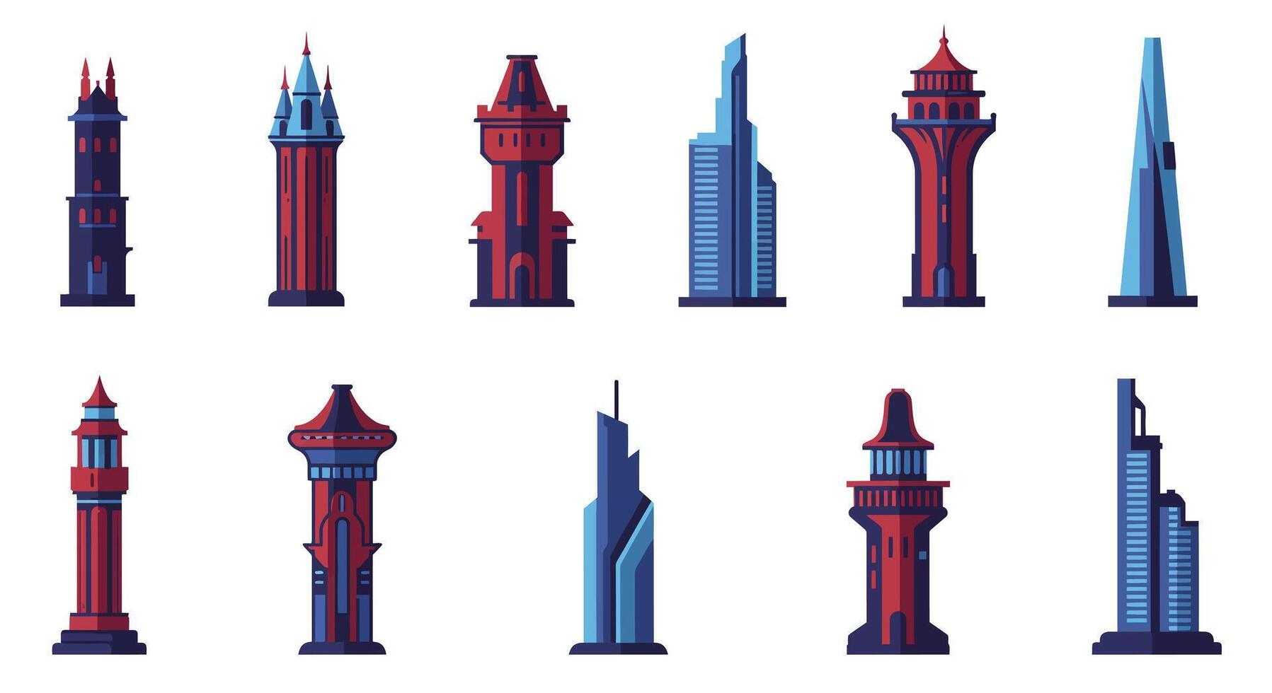 Tall building designs in flat style showcasing various architectural forms illustration vector