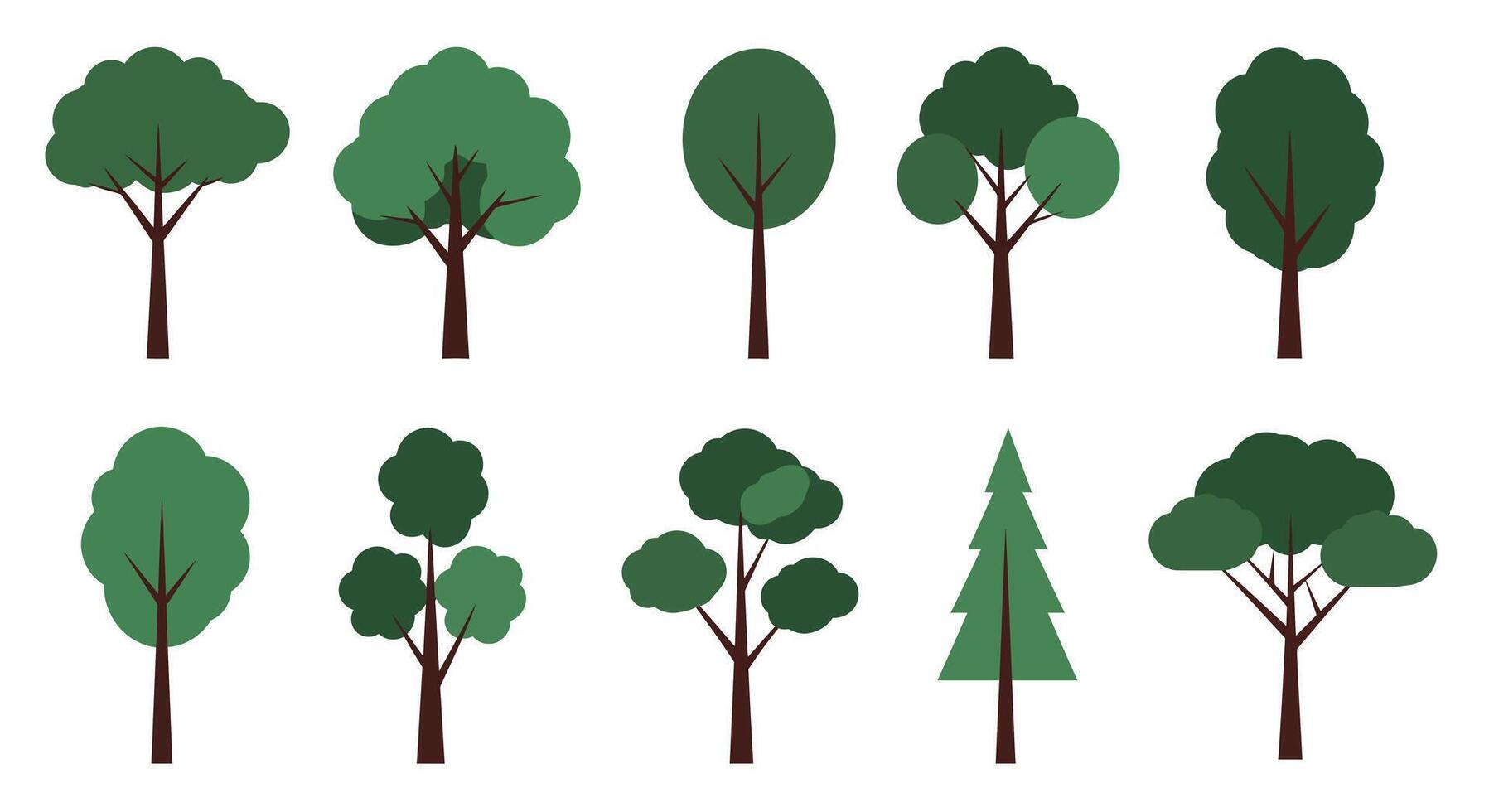 Various tree designs showcasing different shapes and sizes in flat illustration vector