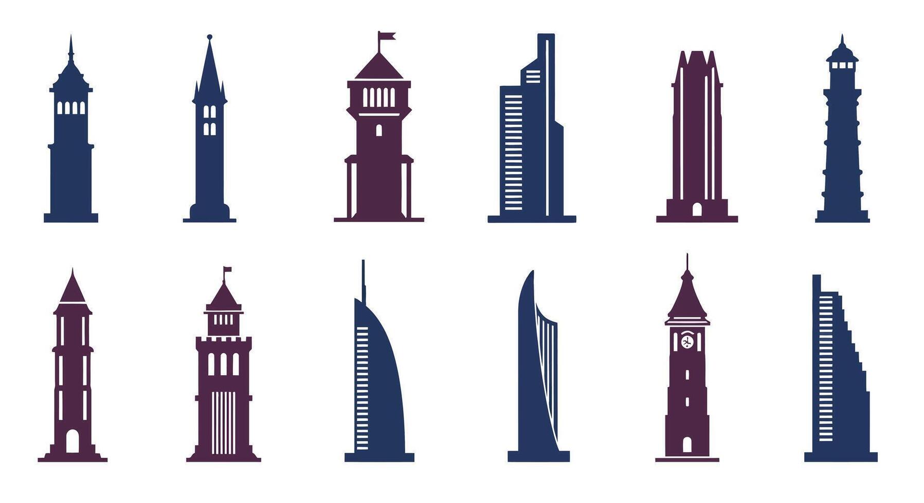 Tall buildings and towers in various designs flat art vector