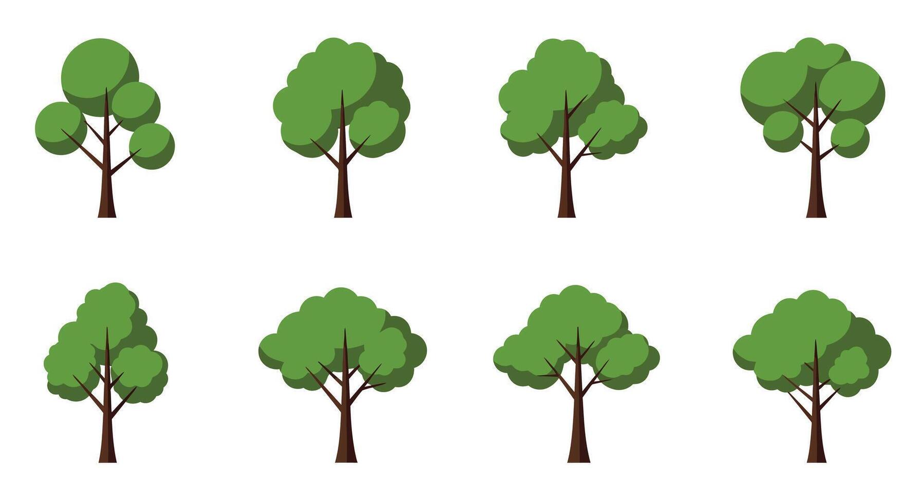 Various tree designs in flat minimal style showcasing different shapes and sizes illustration vector