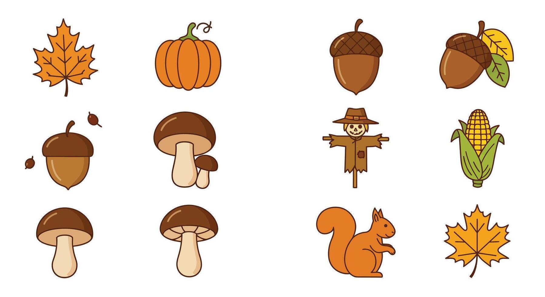 Autumn themed collection featuring leaves, pumpkins, acorns, mushrooms, and a squirrel in flat art vector