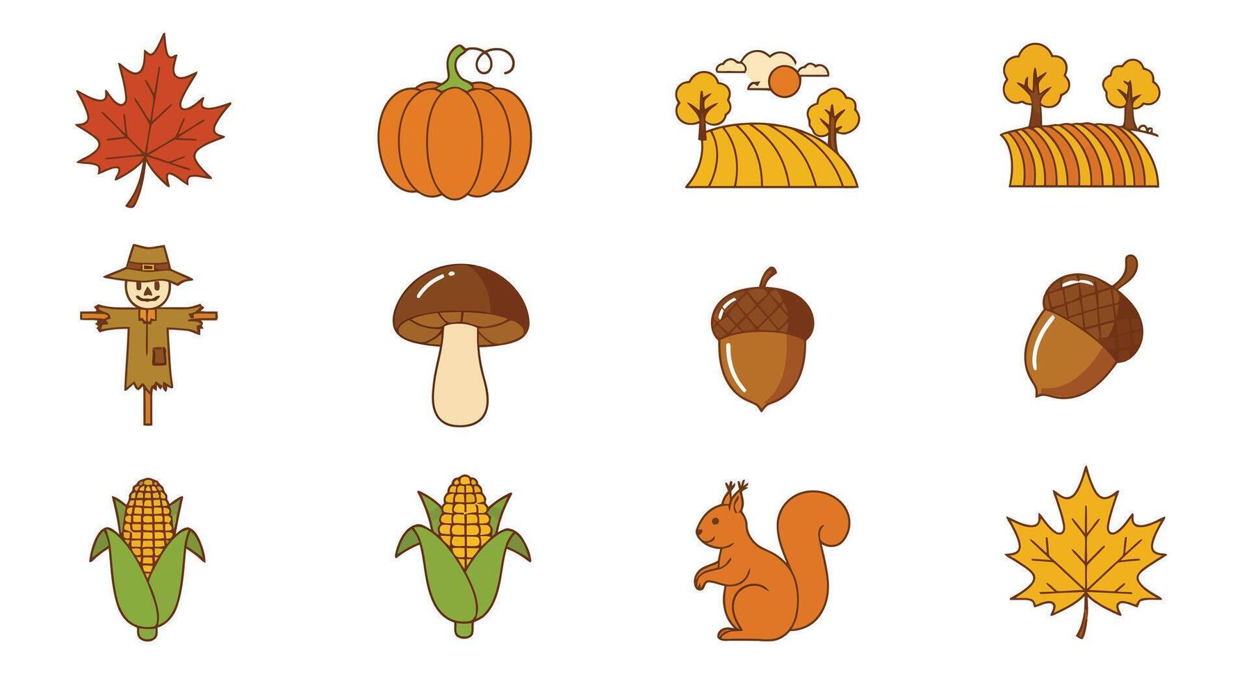 Autumn harvest elements in flat design with leaves, pumpkins, and animals art vector