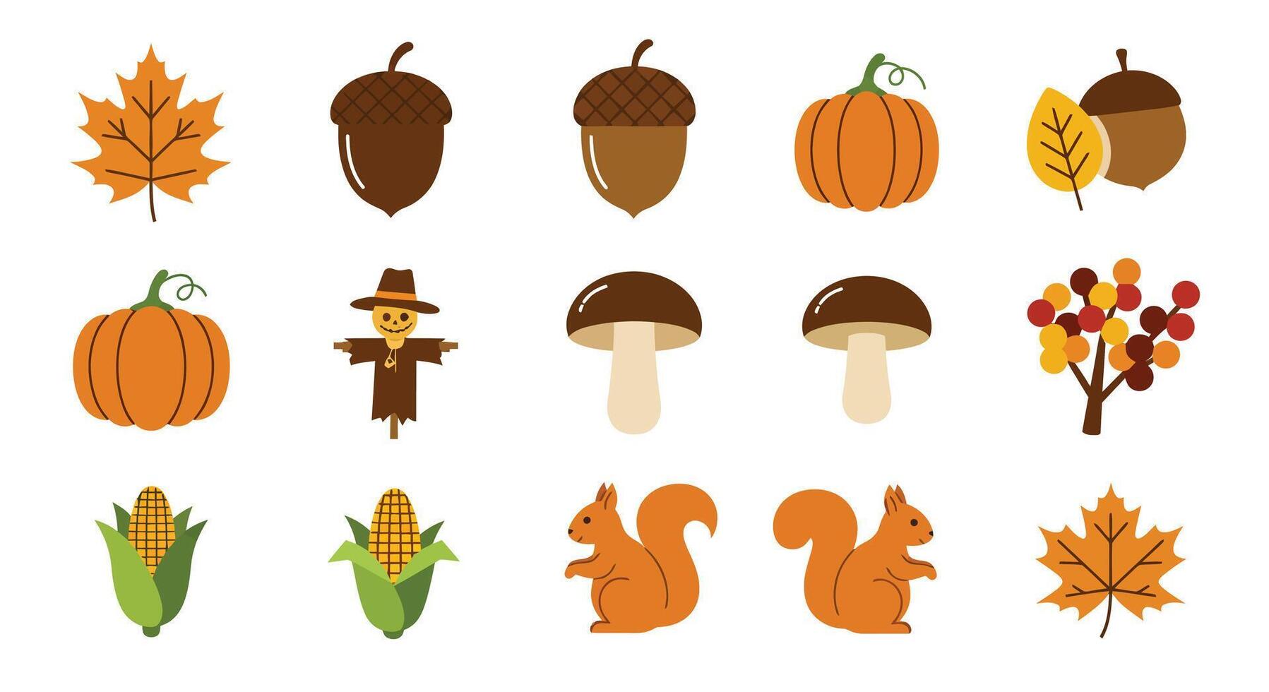 Fall-themed illustrations featuring autumn leaves, pumpkins, acorns, and squirrels in flat art vector